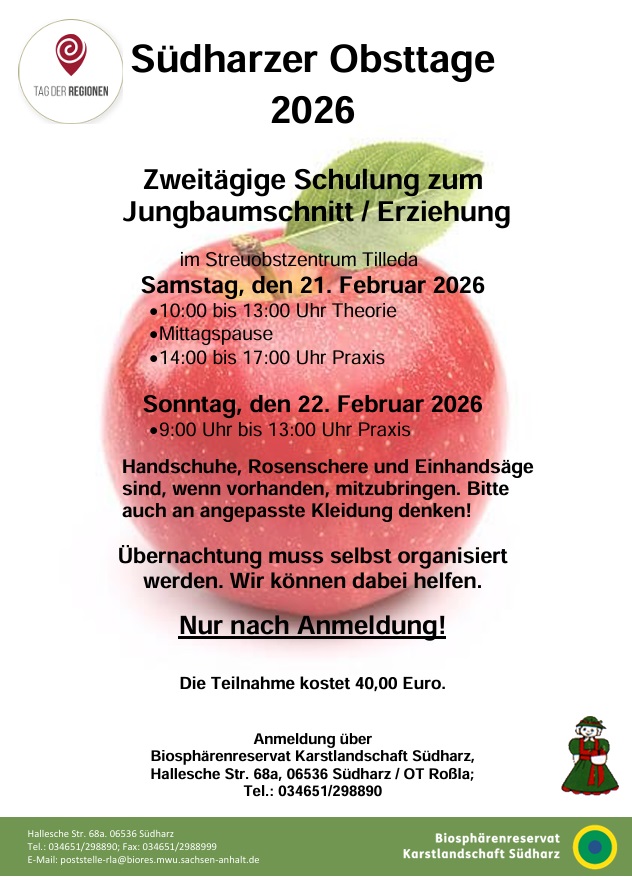 Südharzer Obsttage 2026 - Zweitägige Schulung zum Jungbaumschnitt / Erziehung